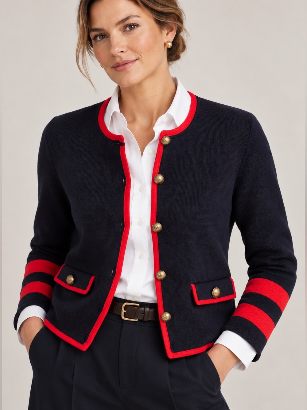 Boden Navy Knit Sweater Jacket with Red Trim, Size 10